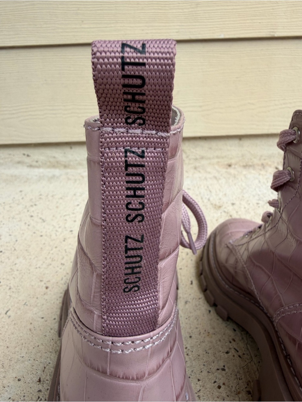 Schutz Orly Purple Croc Combat Boots Lug Sole Leather Womens 7.5 NWOB - Picture 5 of 16